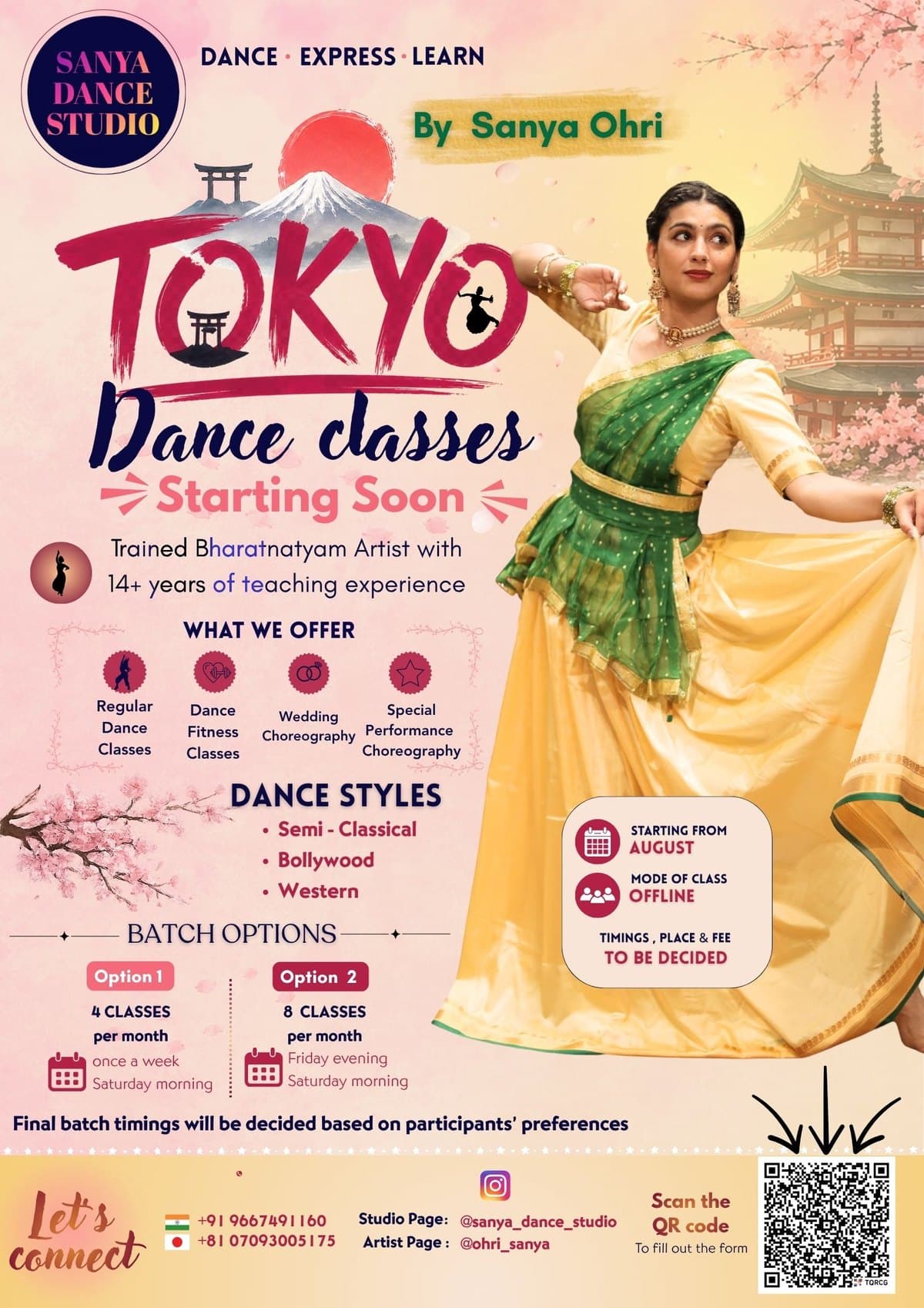 Sanya Dance Studio Tokyo class poster - Bollywood, semi-classical and western, taught by Sanya Ohri